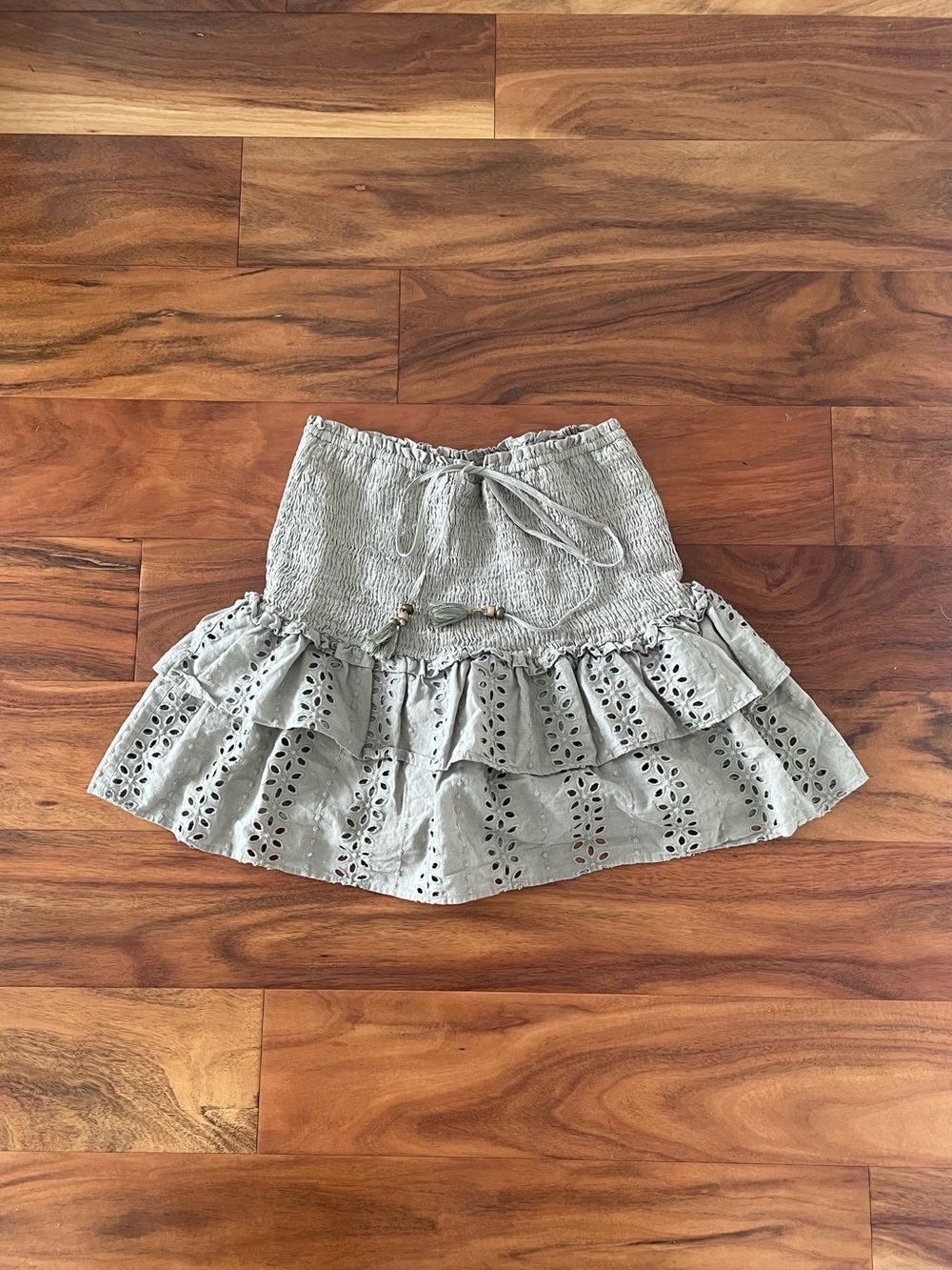 Zara Green Smocked Ruffle Eyelet Mini Skirt
